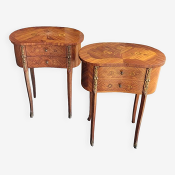 Pair of Louis xv style bedside tables known as "kidney" in rosewood marquetry