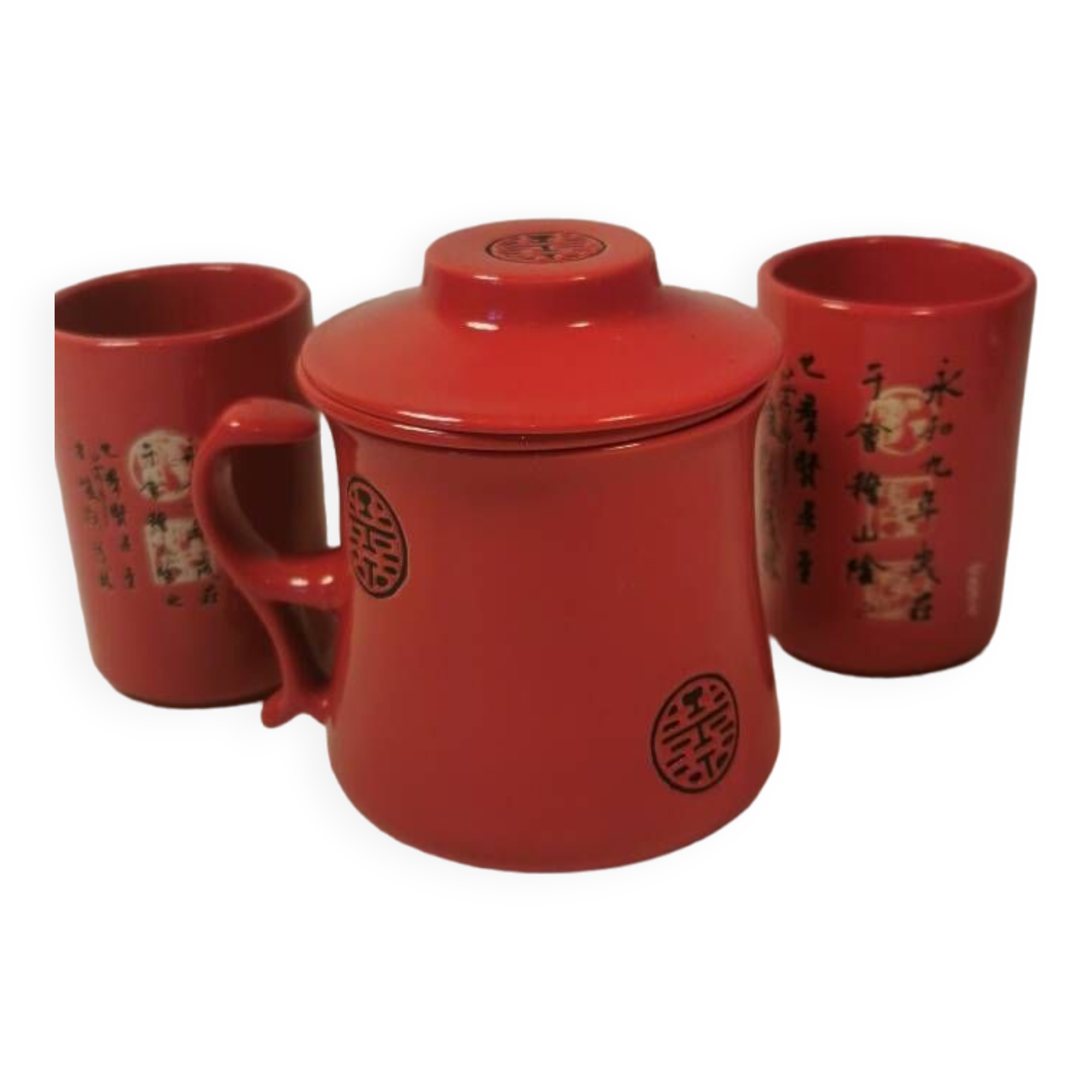 Teapot duo red ceramic asian black pattern with 2 cups