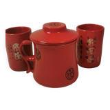 Teapot duo red ceramic asian black pattern with 2 cups