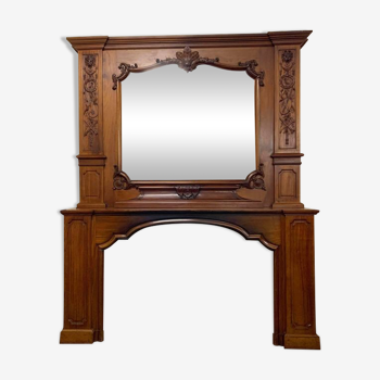 Fireplace of castle Louis XV Rocaille in solid walnut around 1900