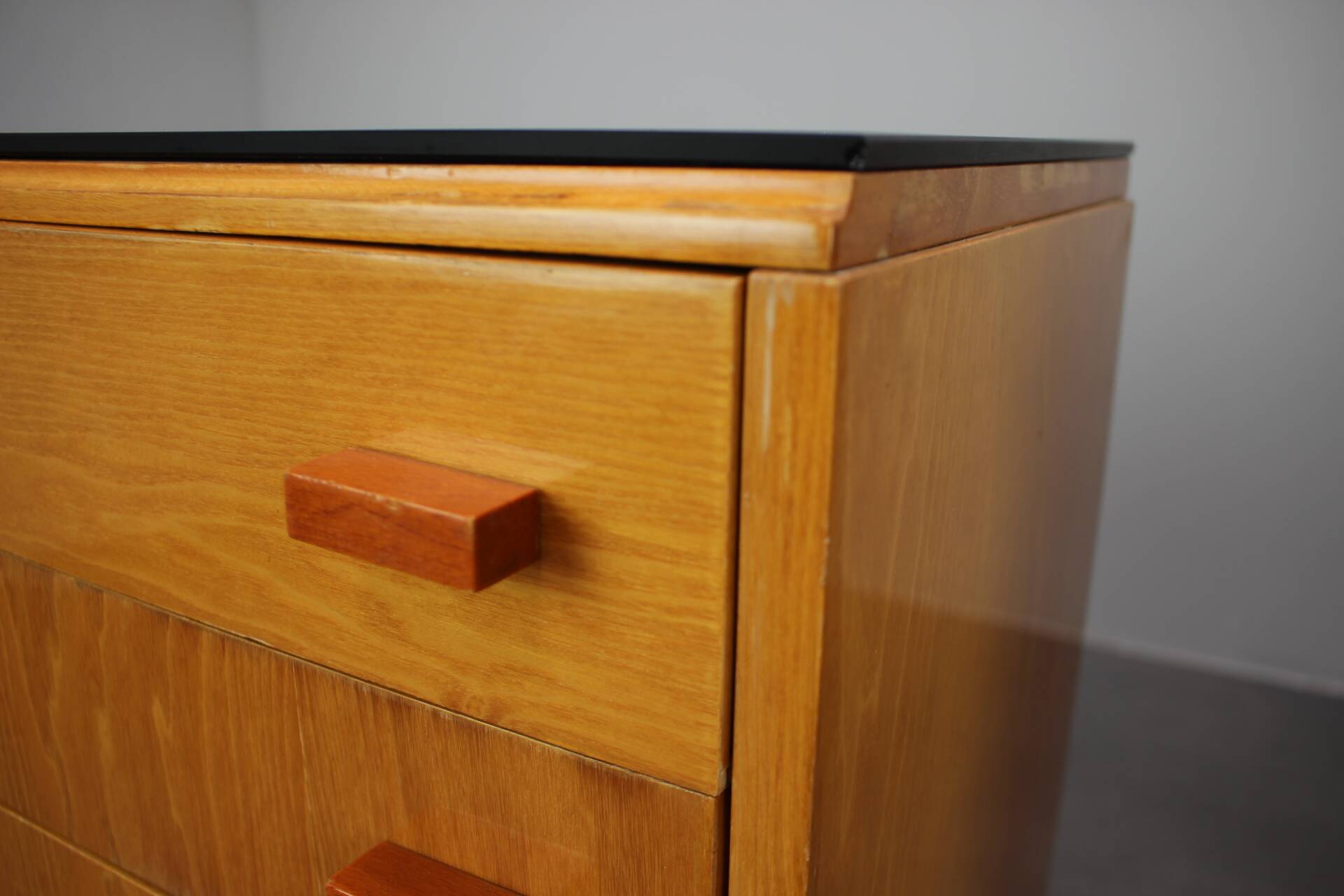 1960s František Mezulaník Mid-Century Maple Nightstands with Black and White Glass