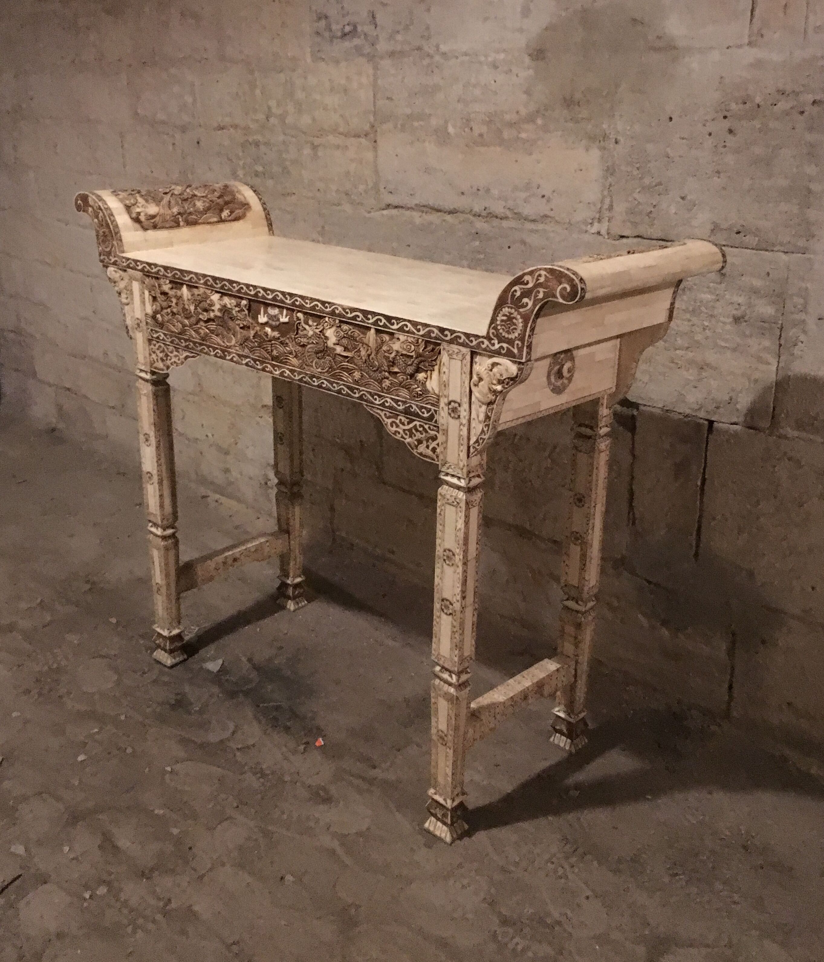 Console carved in wood and white bone