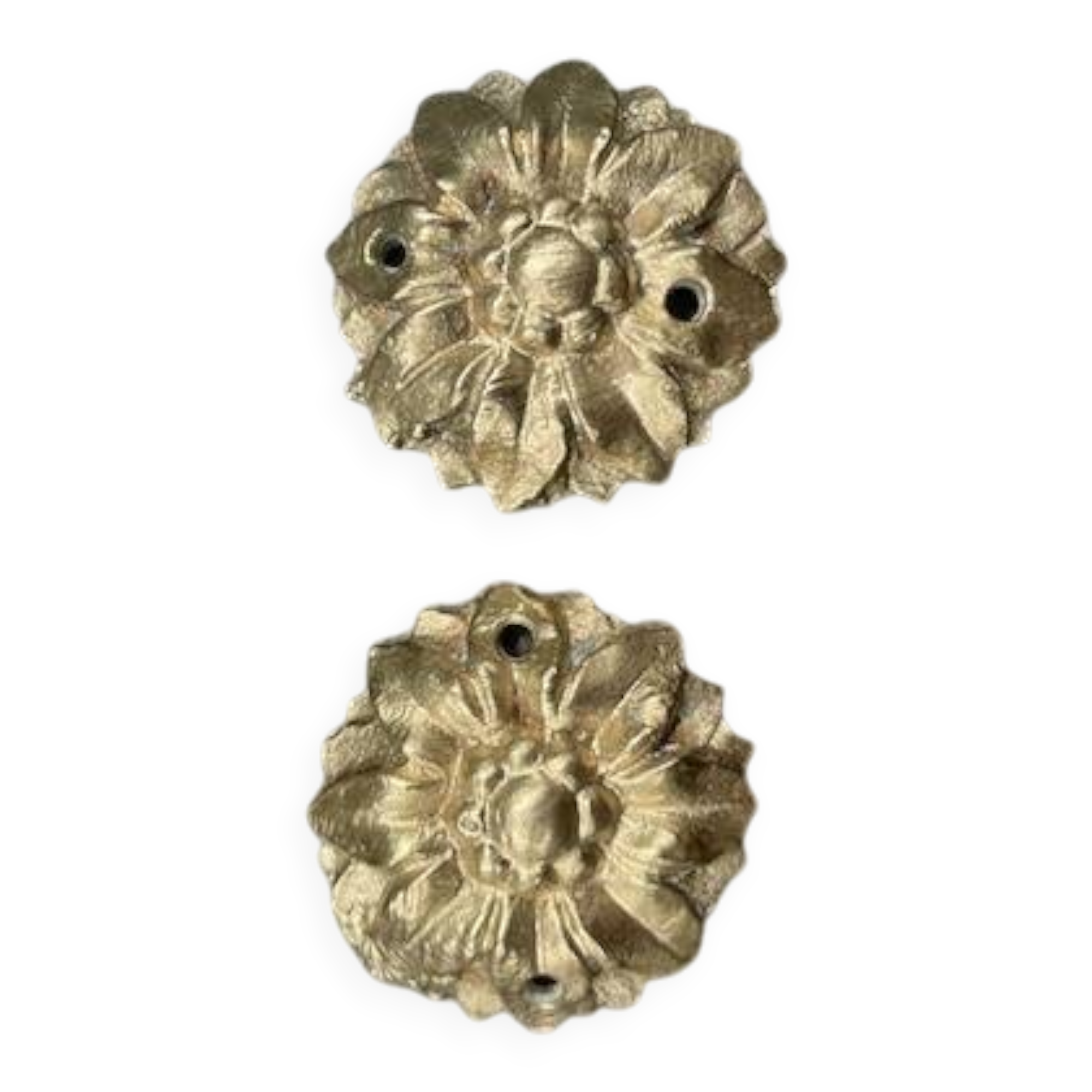 Pair of numbered antique brass rosettes for furniture decoration