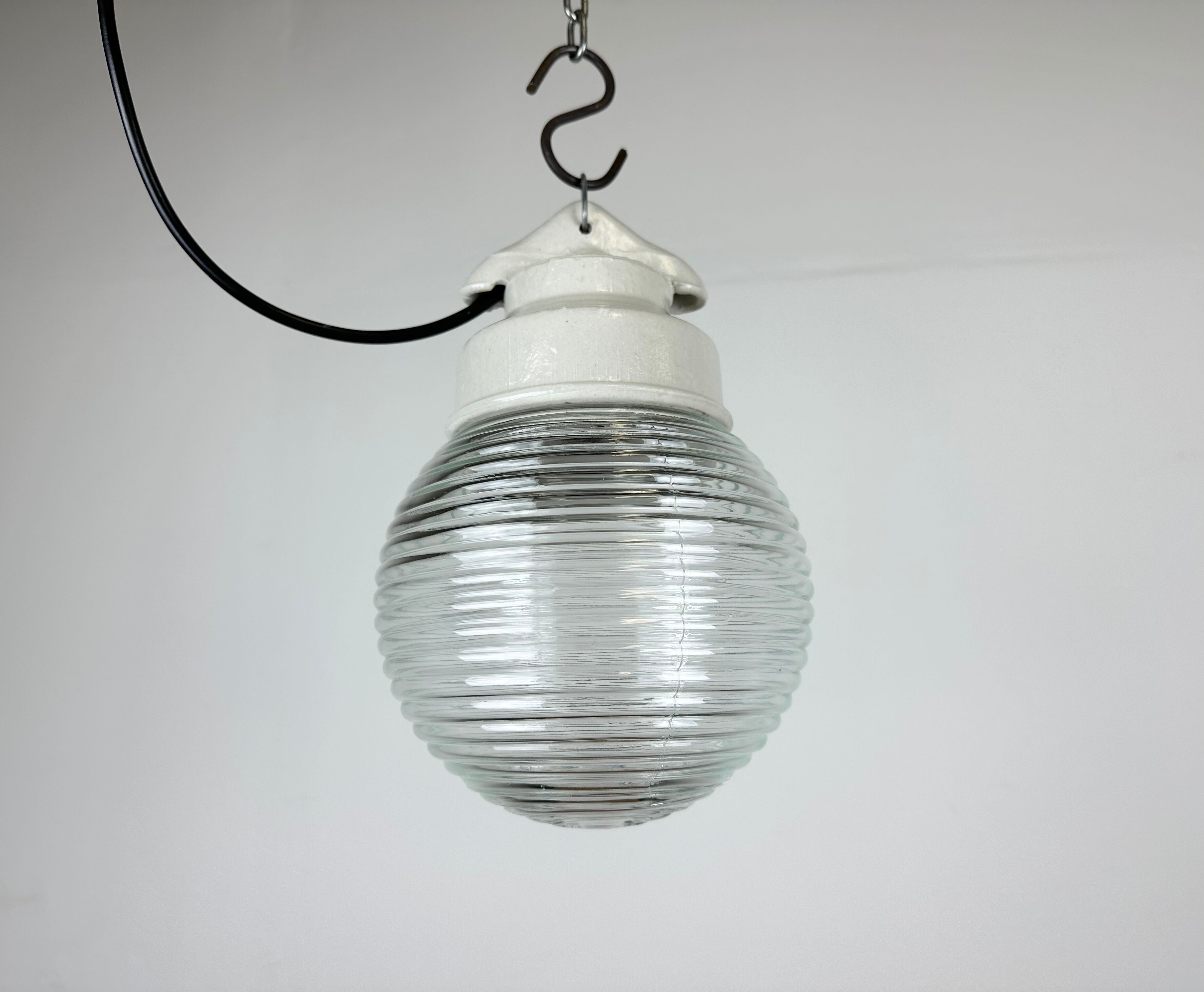 Industrial white porcelain pendant light with ribbed glass, 1970s