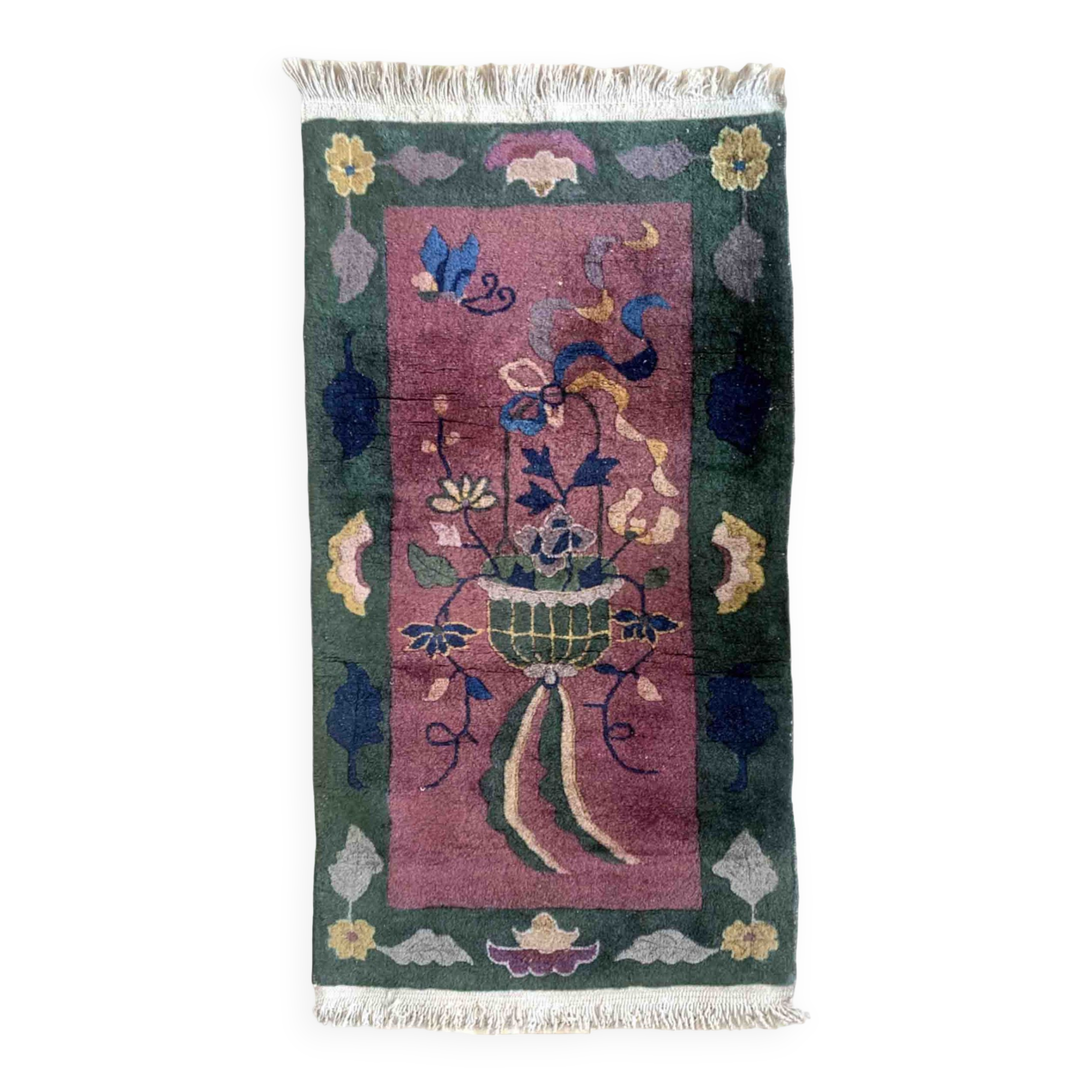 Chinese Art Deco handmade antique carpet 64cm x 128cm 1920s