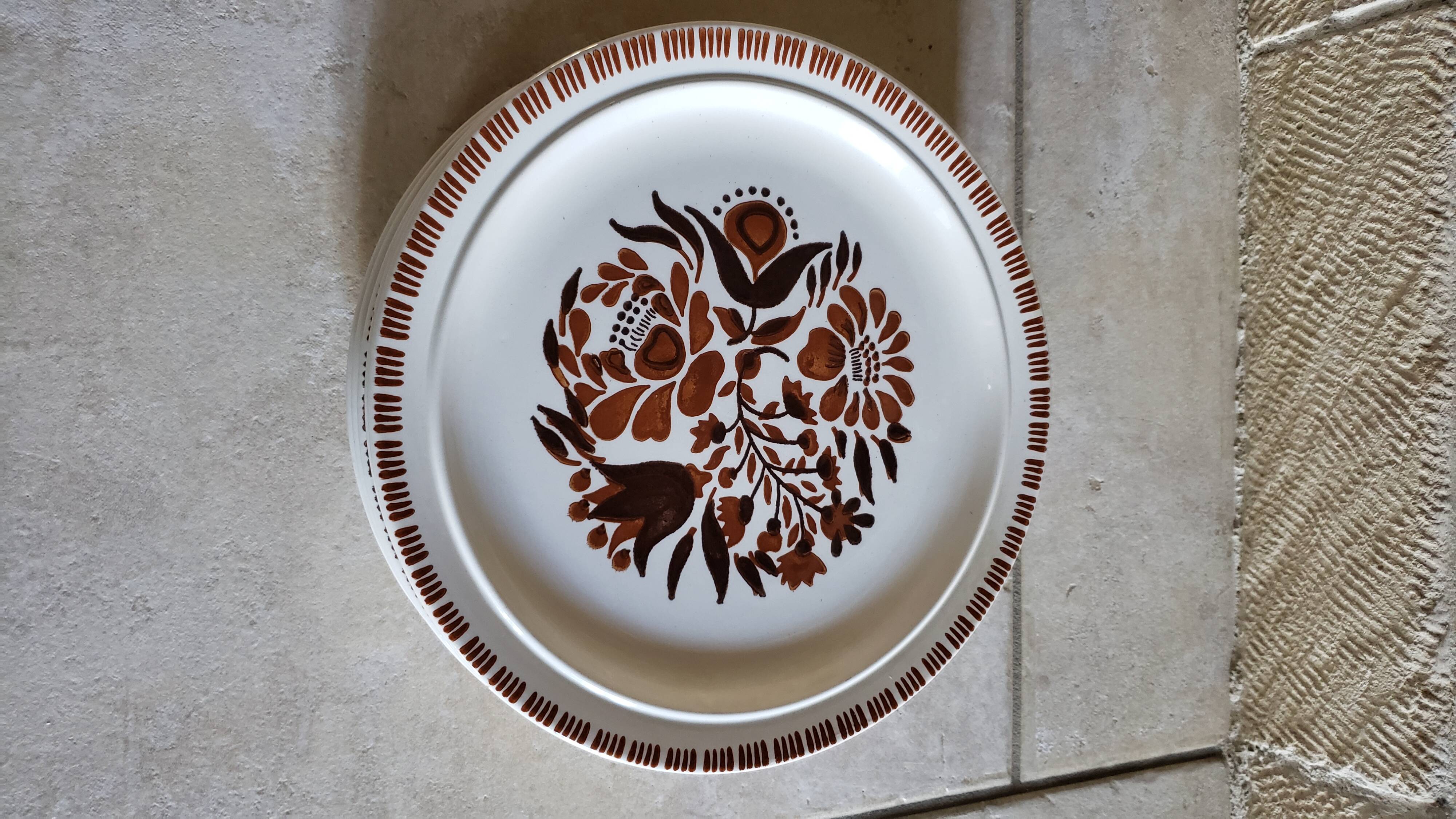 6 large plates with brown toned flowers