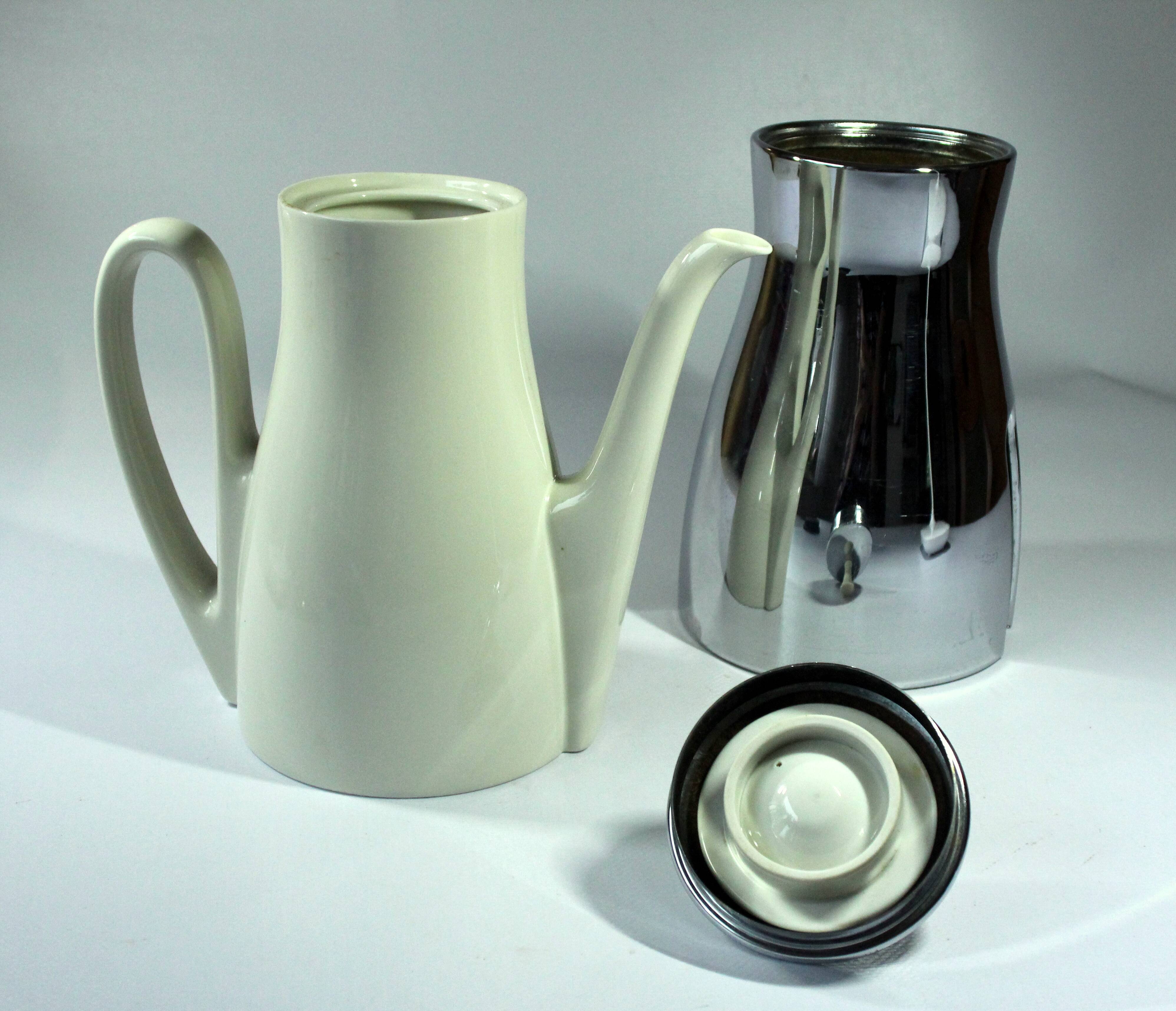 Coffee pot with metal isolated warming hood as a set with milk jug and sugar bowl, Vintage