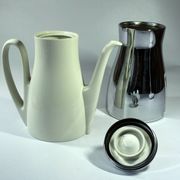 Coffee pot with metal isolated warming hood as a set with milk jug and sugar bowl, Vintage