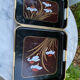 Vintage lacquered nesting tables duo – Floral decor and scoop handles.
