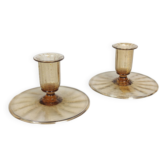 Pauly CVM - 1920s Art Nouveau Topaz & Gold Murano Lily Pad Glass Candlesticks