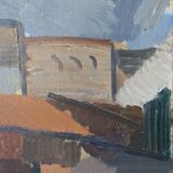 Mid-Century Modern Swedish "City Blocks" Vintage Abstract Oil Painting, Framed