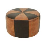 Round Vintage Brown Pouf Two-Tone Skai Leather Sixties