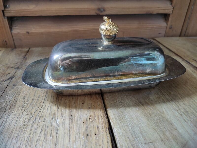 Butter dish silver metal cup glass acorn gilded