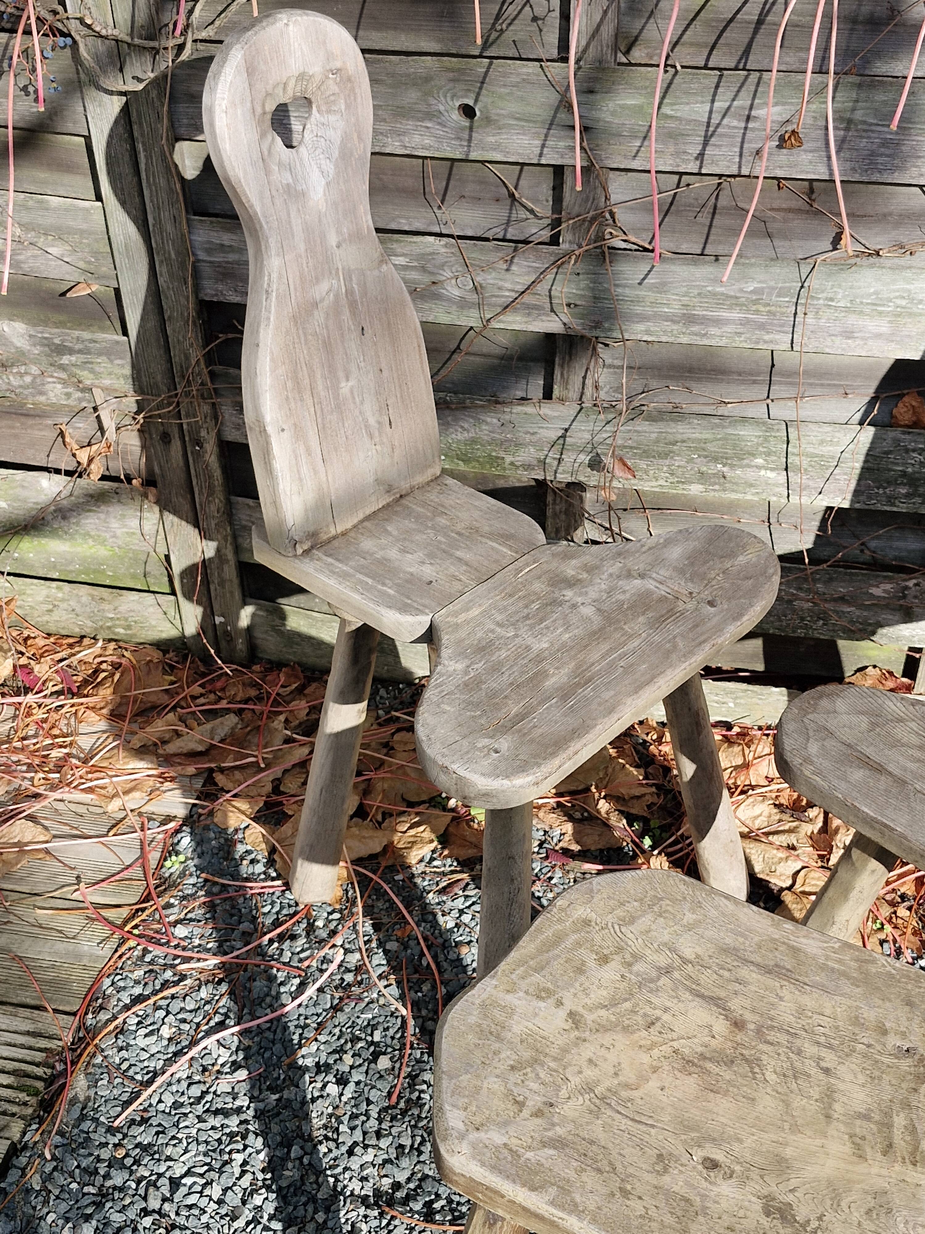 Duo of brutalist wooden chairs and a stool 1960