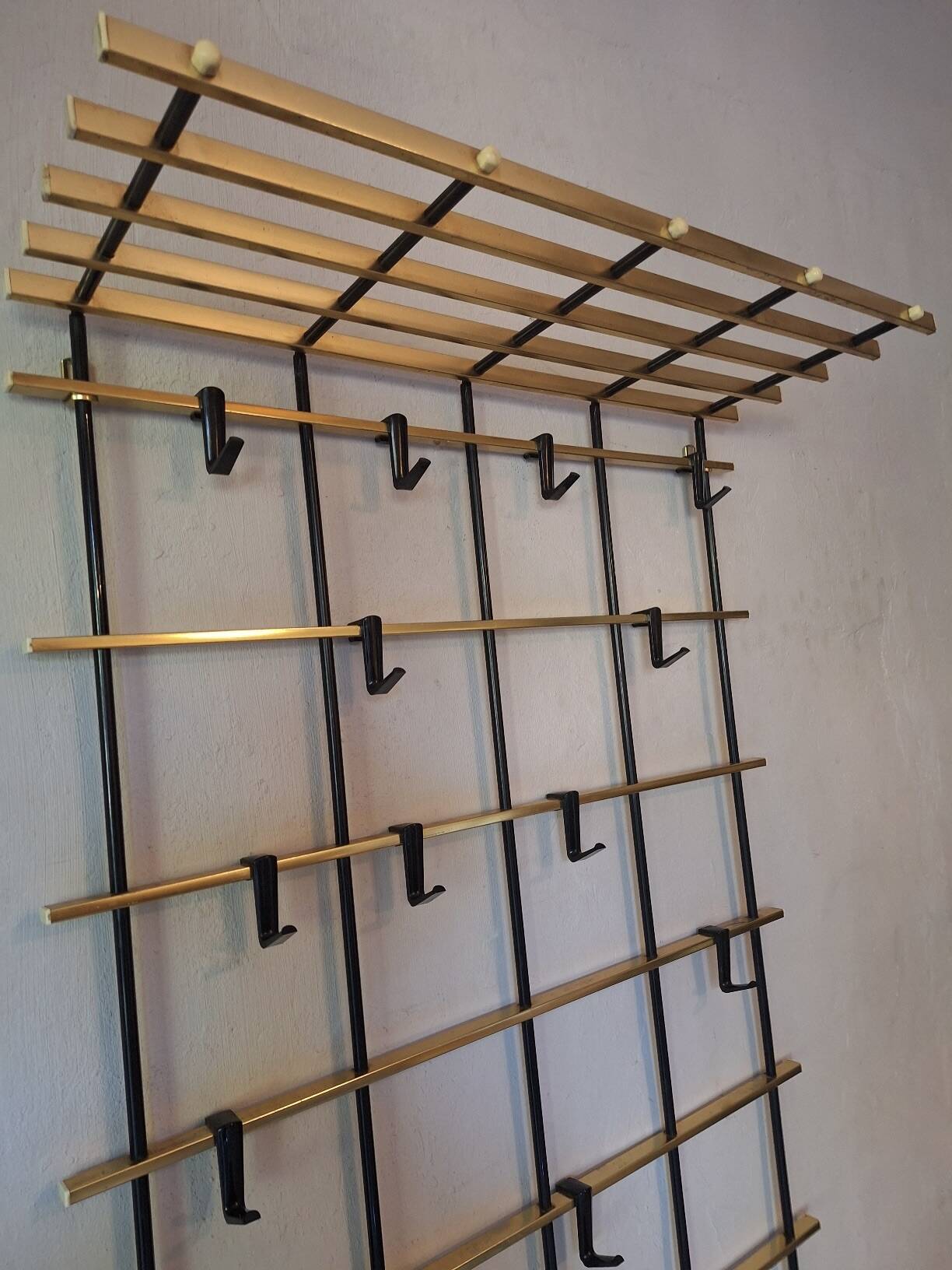 Wall-mounred brass and metal coat and hat rack, 1960s