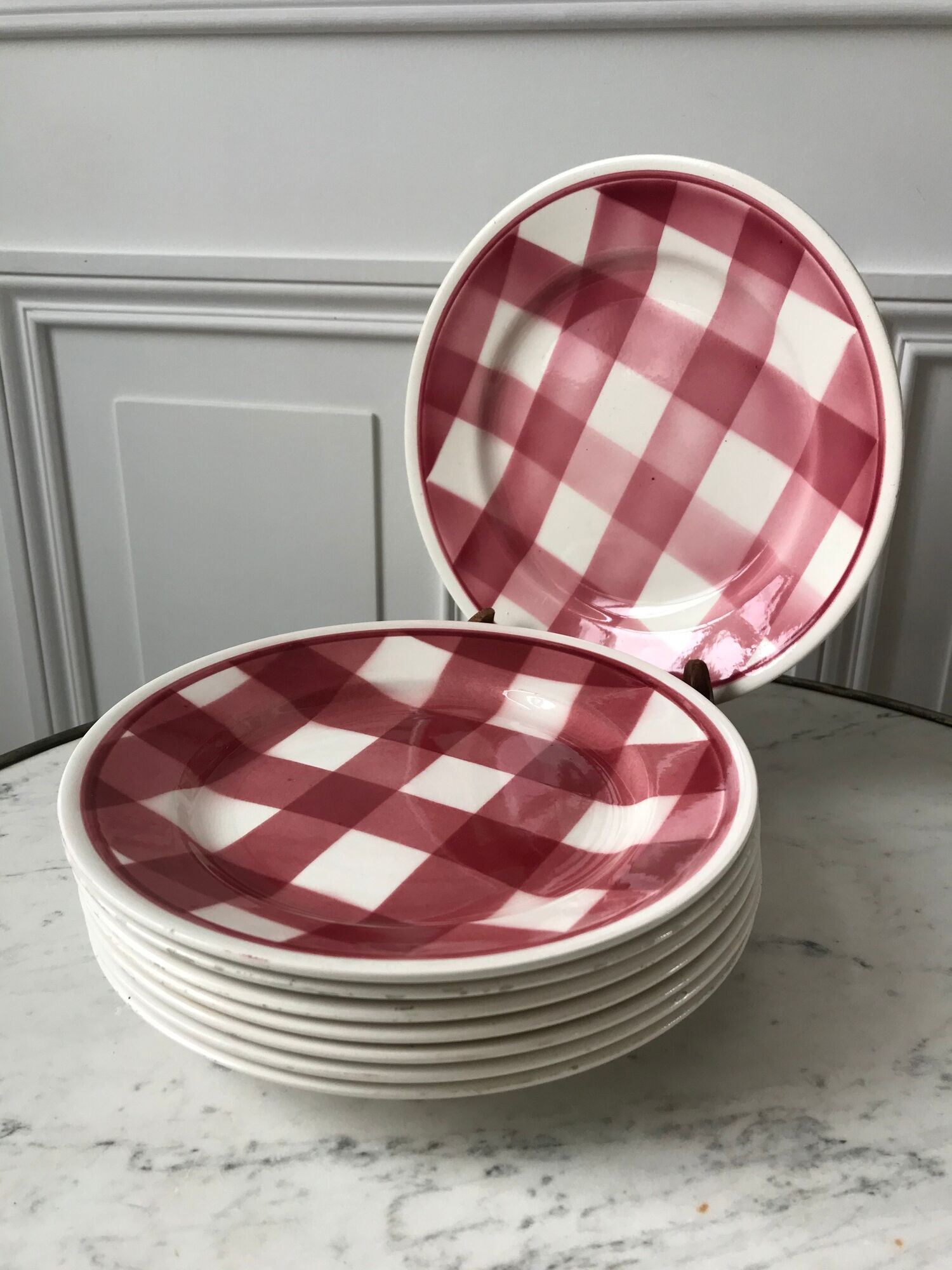 Set of 8 dessert plates fb badonviller pink gingham model 40s