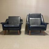 Black leather armchair "Scandinavian design" 1950.