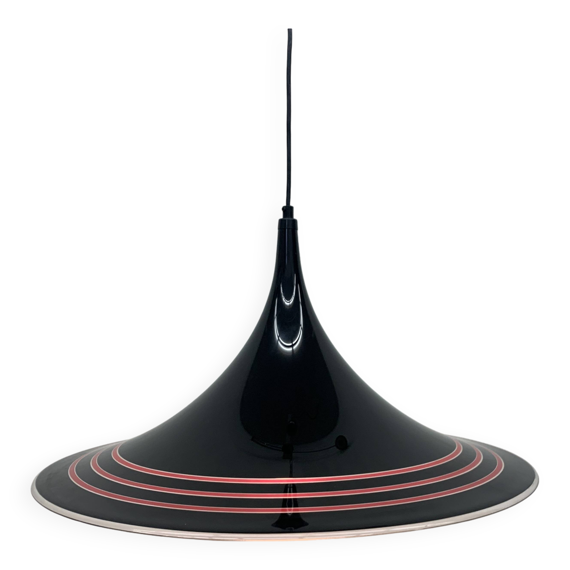 Vintage plastic meblo guzzini black trumpet hanging lamp , 1980’s