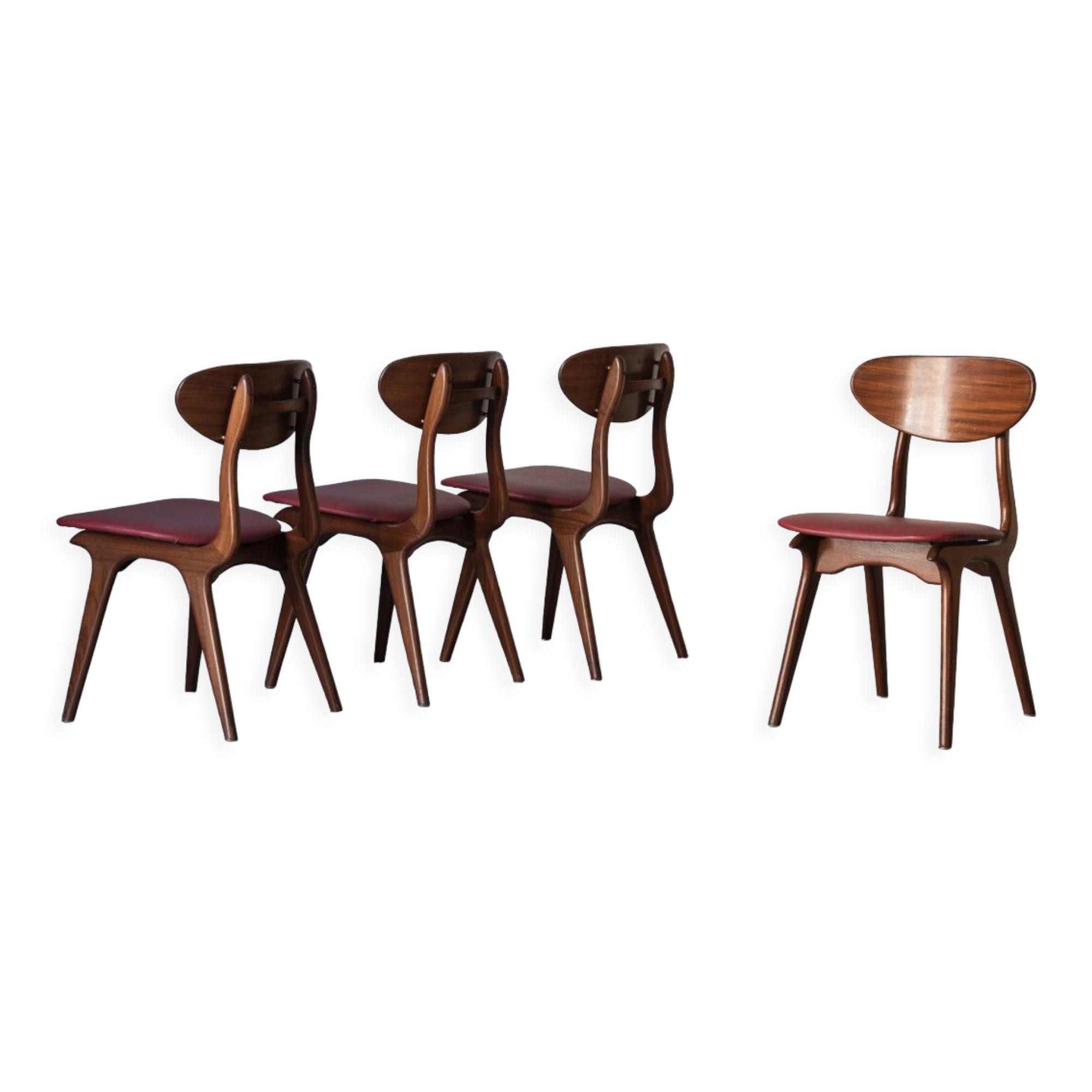 Set of 4 dining chairs in teak and burgundy by Louis van Teeffelen, The Netherlands, 1960’s