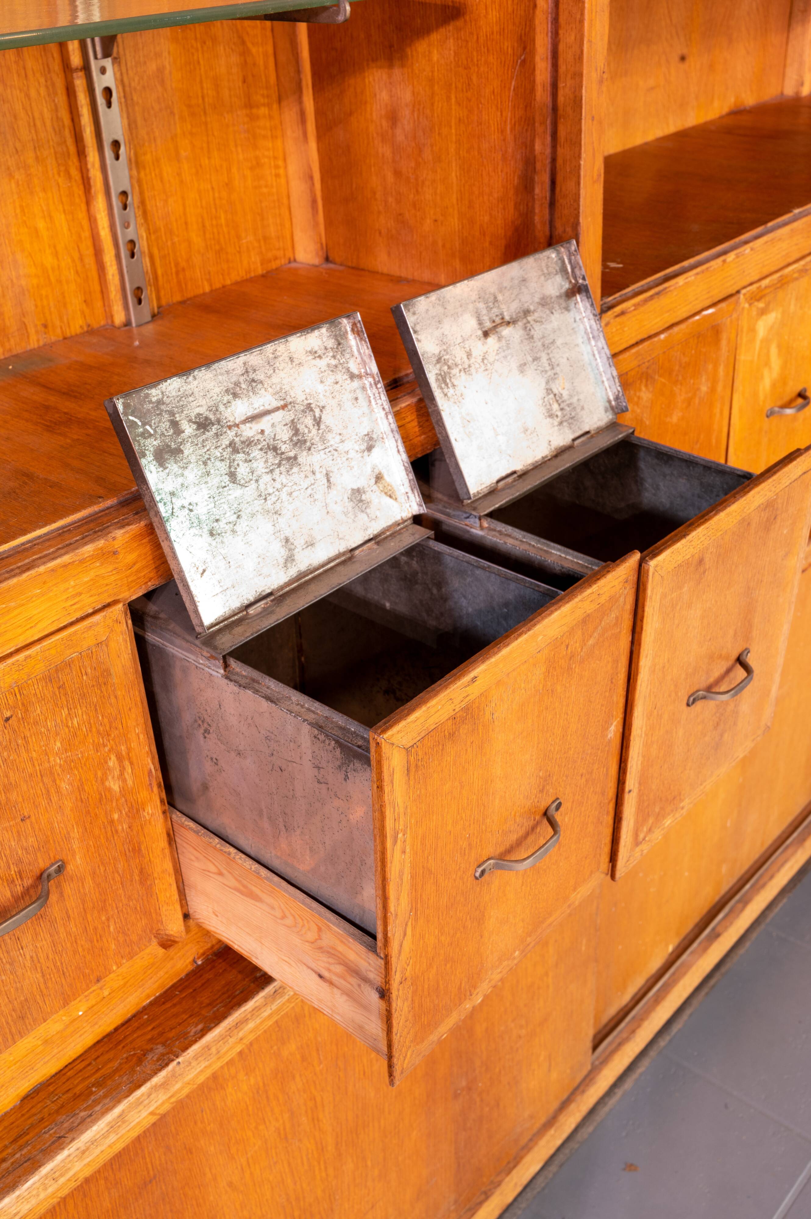 Vintage haberdashery grocery cabinet old shop interior, 1950s