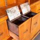 Vintage haberdashery grocery cabinet old shop interior, 1950s