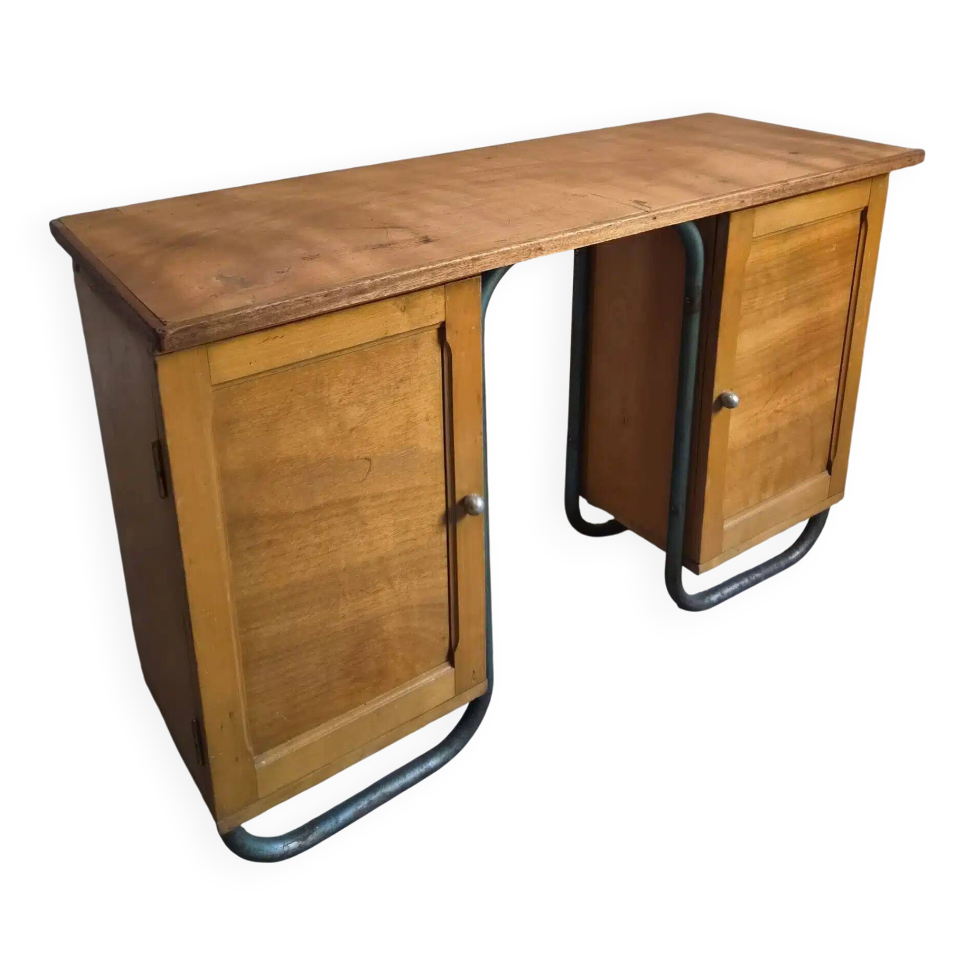 Bureau d'écriture moderniste français en hêtre et acier tubulaire, années 1930