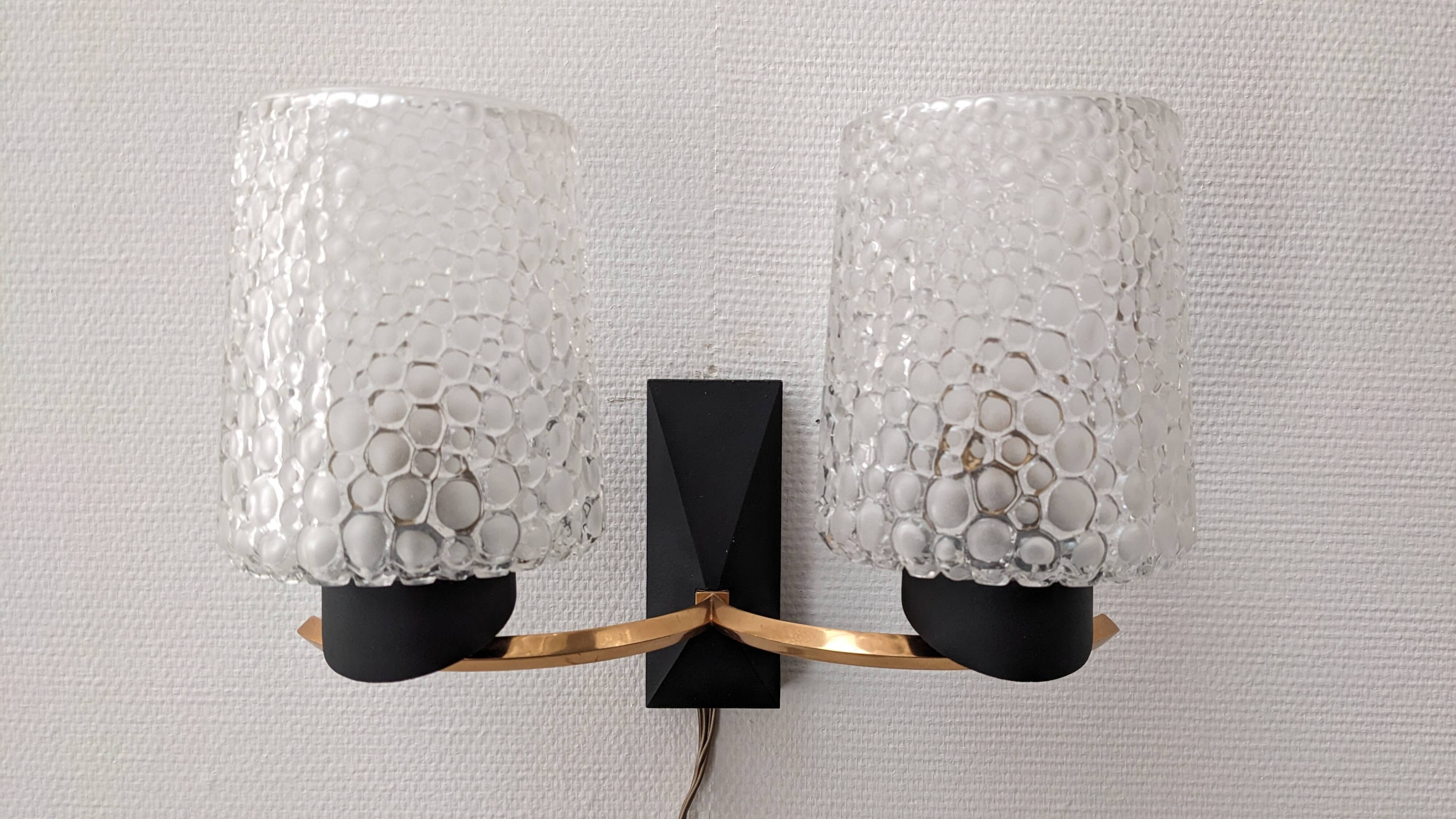 Pair of double wall lights in bubbled glass by Maison Arlus, France circa 1960.