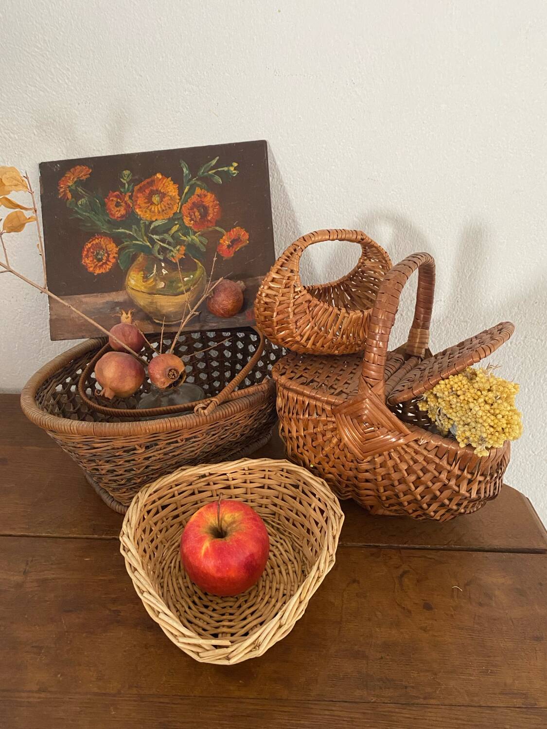 Old baskets and woven wicker basket.