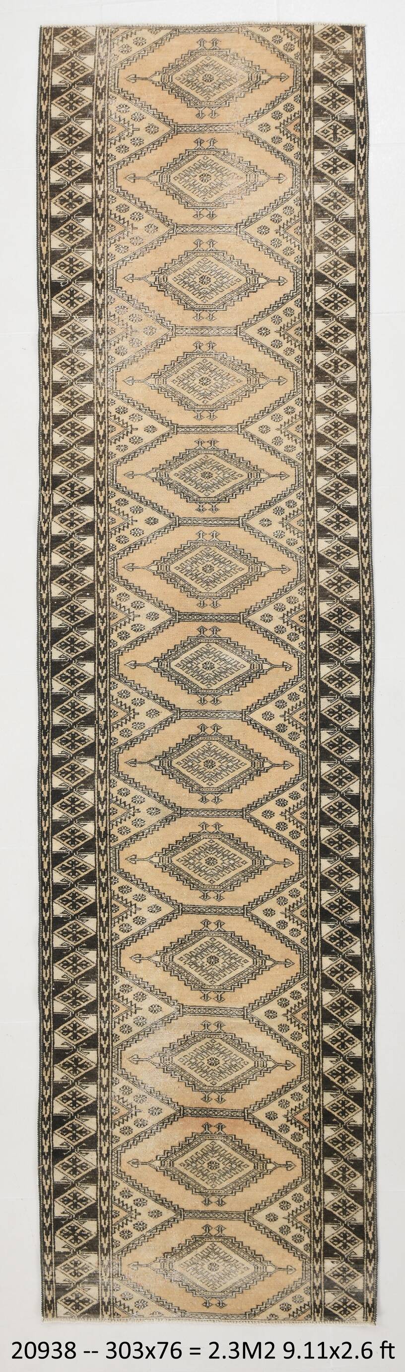 3x10 Cream Black Vintage Persian Runner Rug, 76x303Cm SK 20938