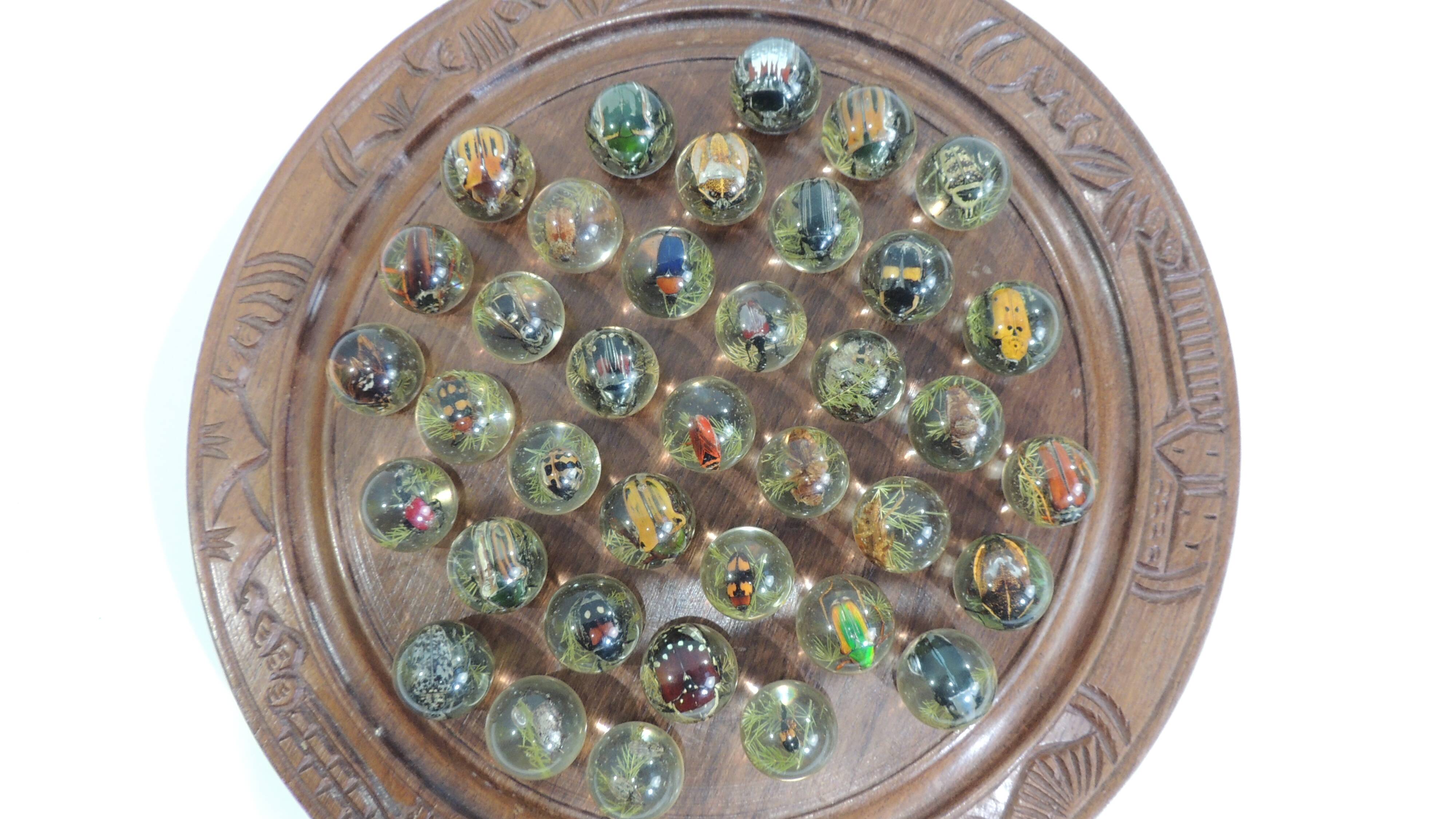 Vintage wooden carved solitaire game – Resin balls with insects –