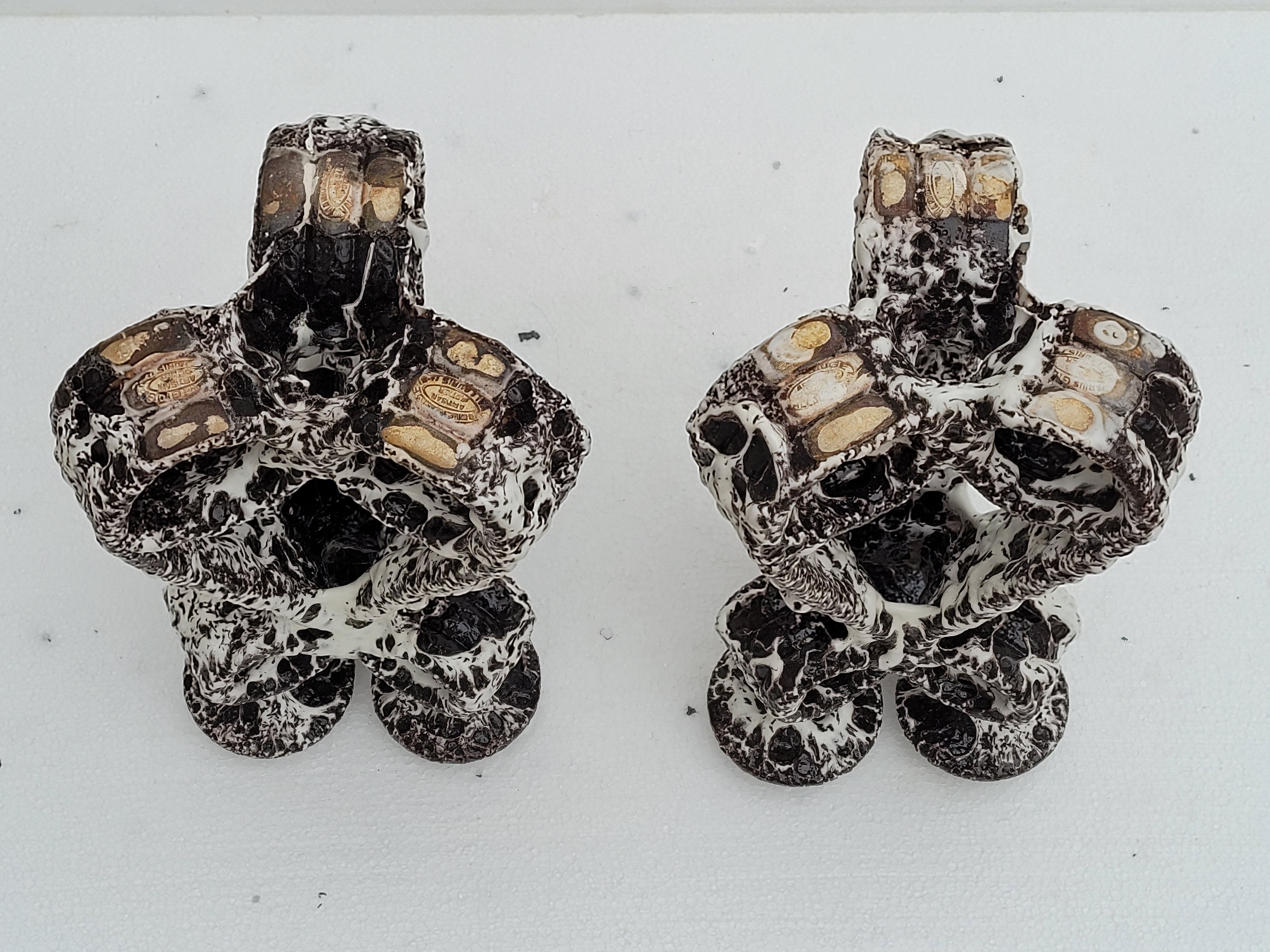 Pair of three-burner candelabra candlesticks by Marius Giuge glazed ceramic Vallauris 1950