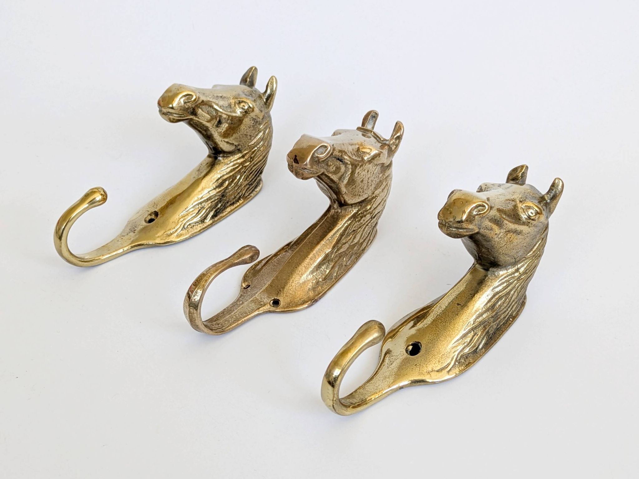 Set of 3 brass wall hooks horse head vintage coat hangers