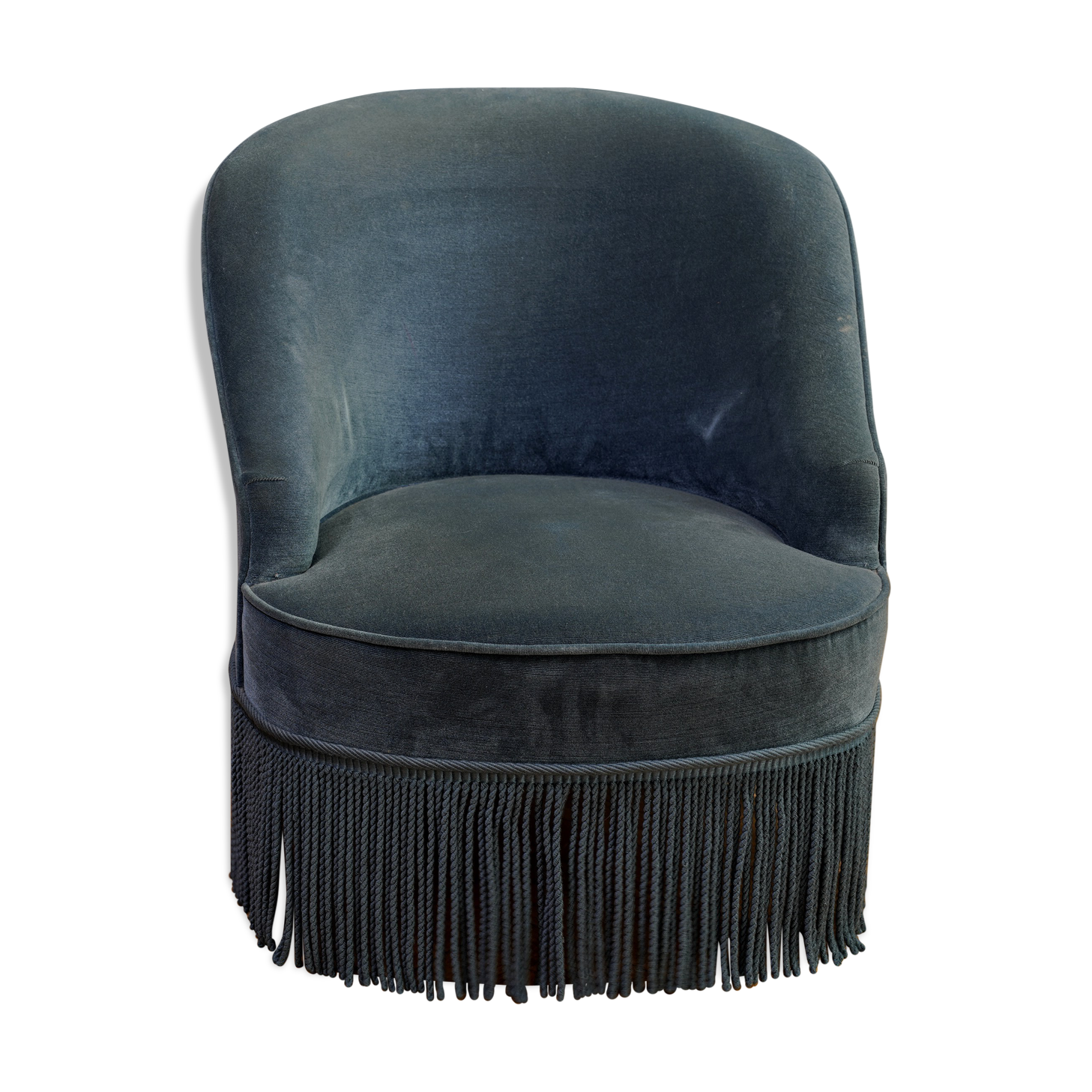Peacock blue velvet fringed toad armchair