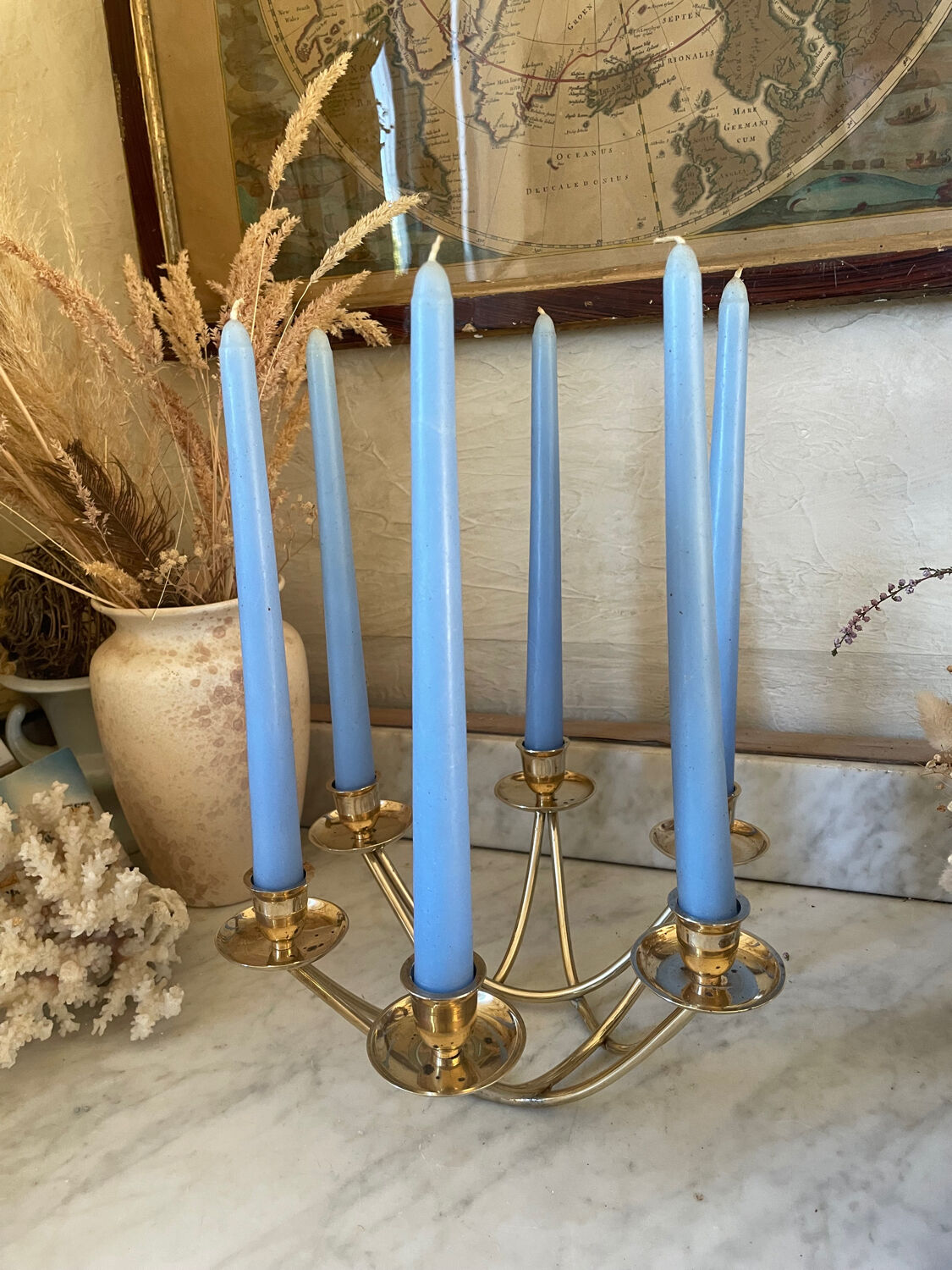 Low six-light brass chandelier circa 1950