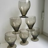 Set of 6 small art deco design wine glasses in smoked glass 30-40s