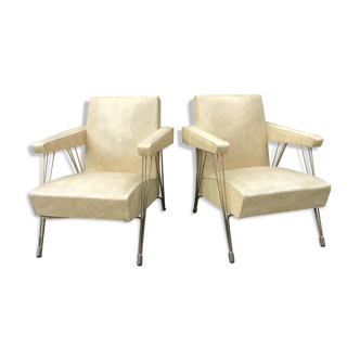 Vintage cocktail armchairs in white Skaï with Eiffel base.