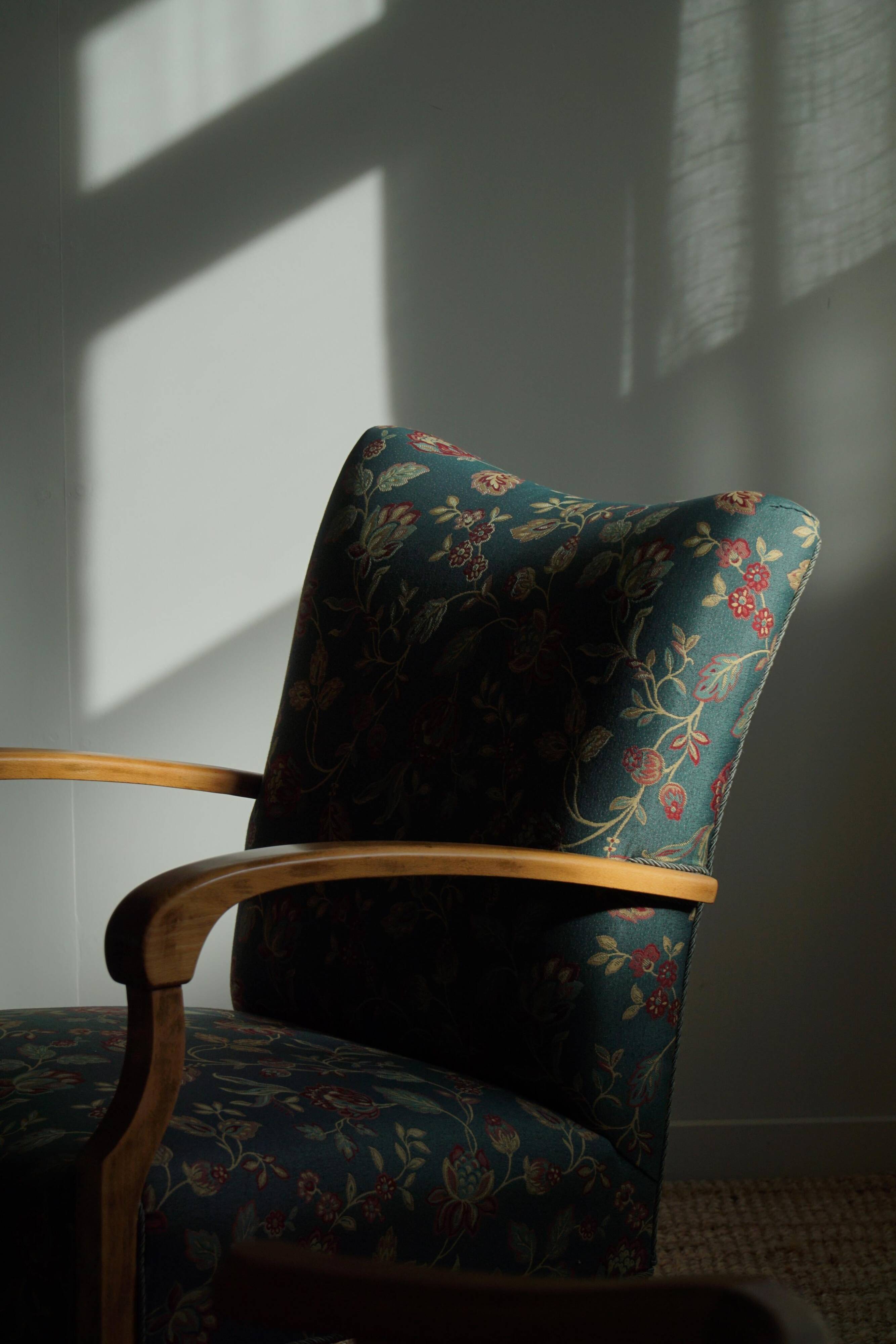 Danish mid-century modern, pair of beech armchairs with original fabric, 1960s.