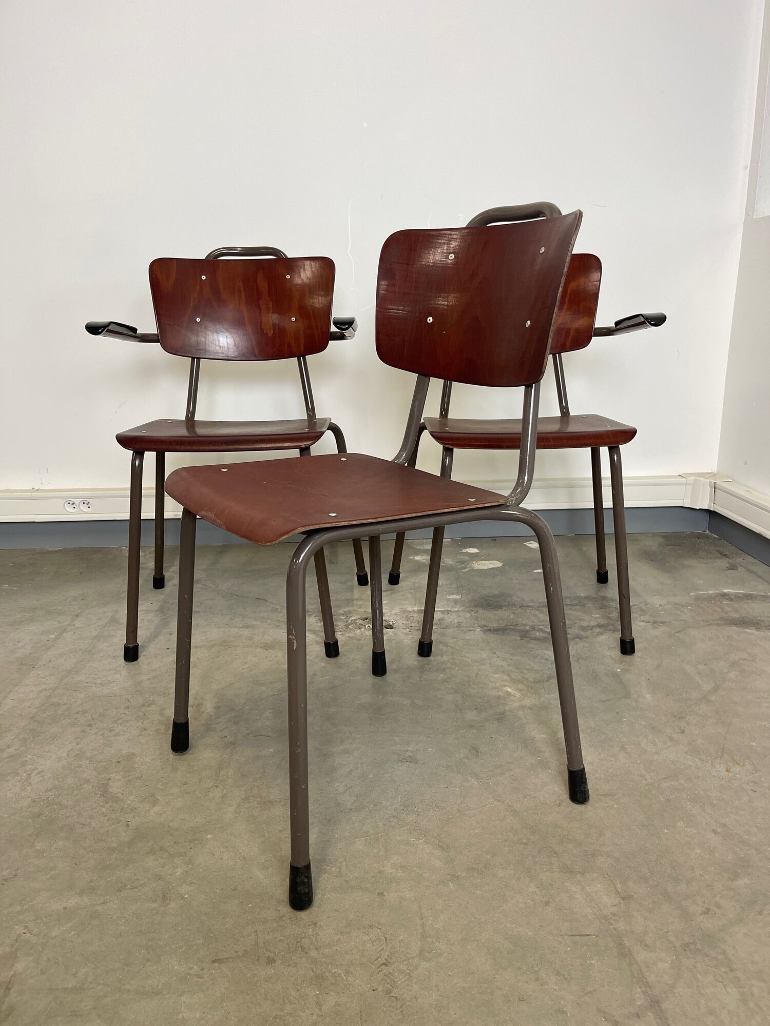 Set of 3 Galvanitas mahogany school chairs 1970s Netherlands