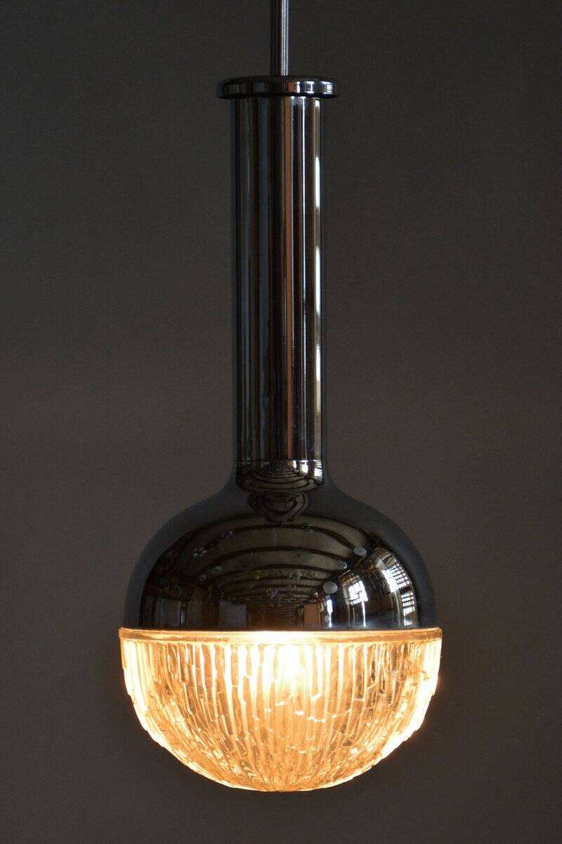 Mid-Century Chandelier in Chrome, Steel and Glass, Rewired, Italy, 1960s
