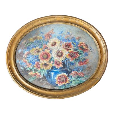 Tableau Aquarelle ''Bouquet de fleurs en vase'' signé + cadre début XX°