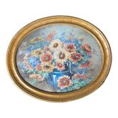 Tableau Aquarelle "Bouquet de fleurs en vase" signé + cadre début XX°
