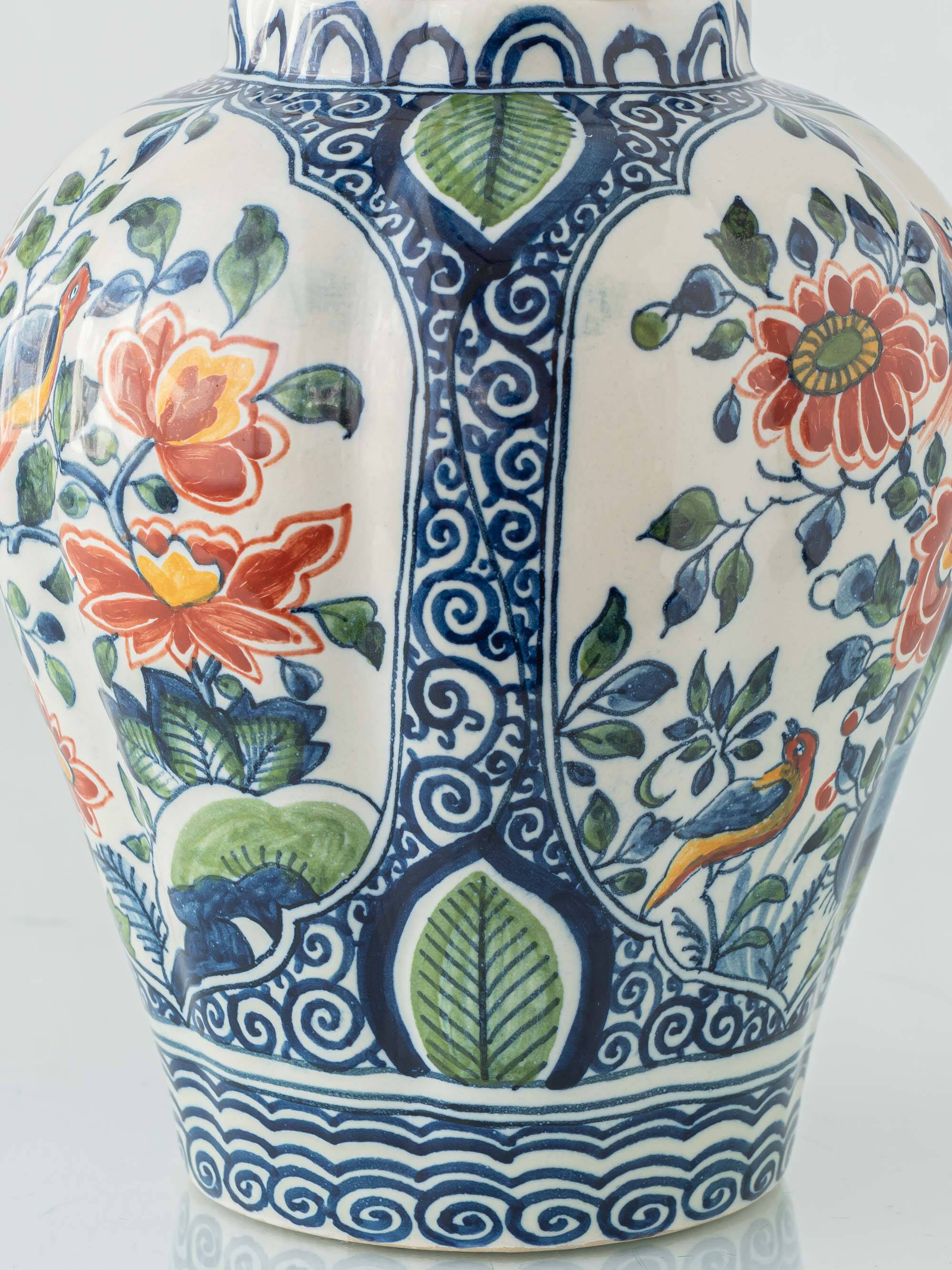 Delft Polychrome Chinoiserie Table Lamp, Tichelaar Makkum, New Silk Shade