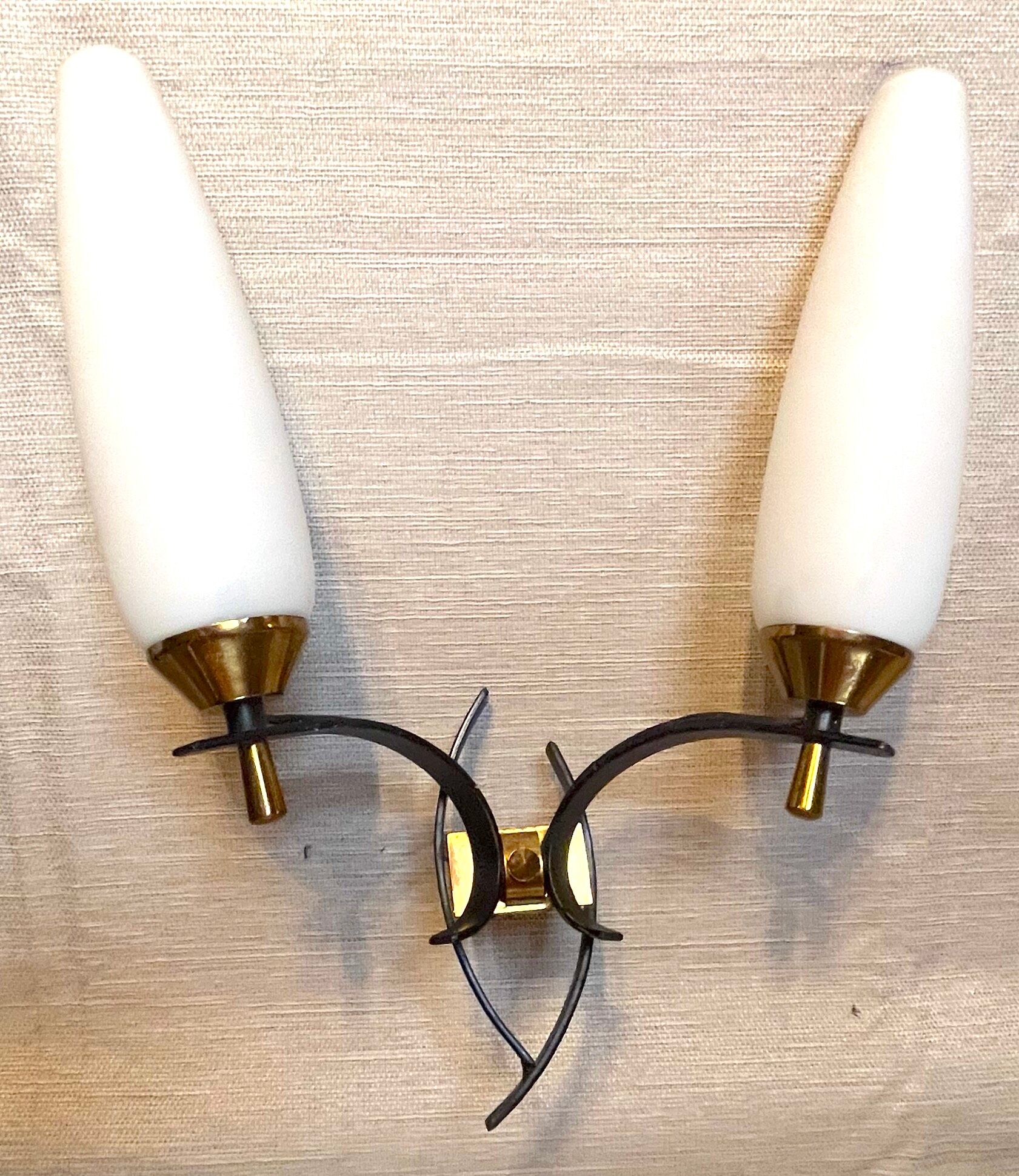 Maison arlus black and brass sconces with white opaline, france - a pair