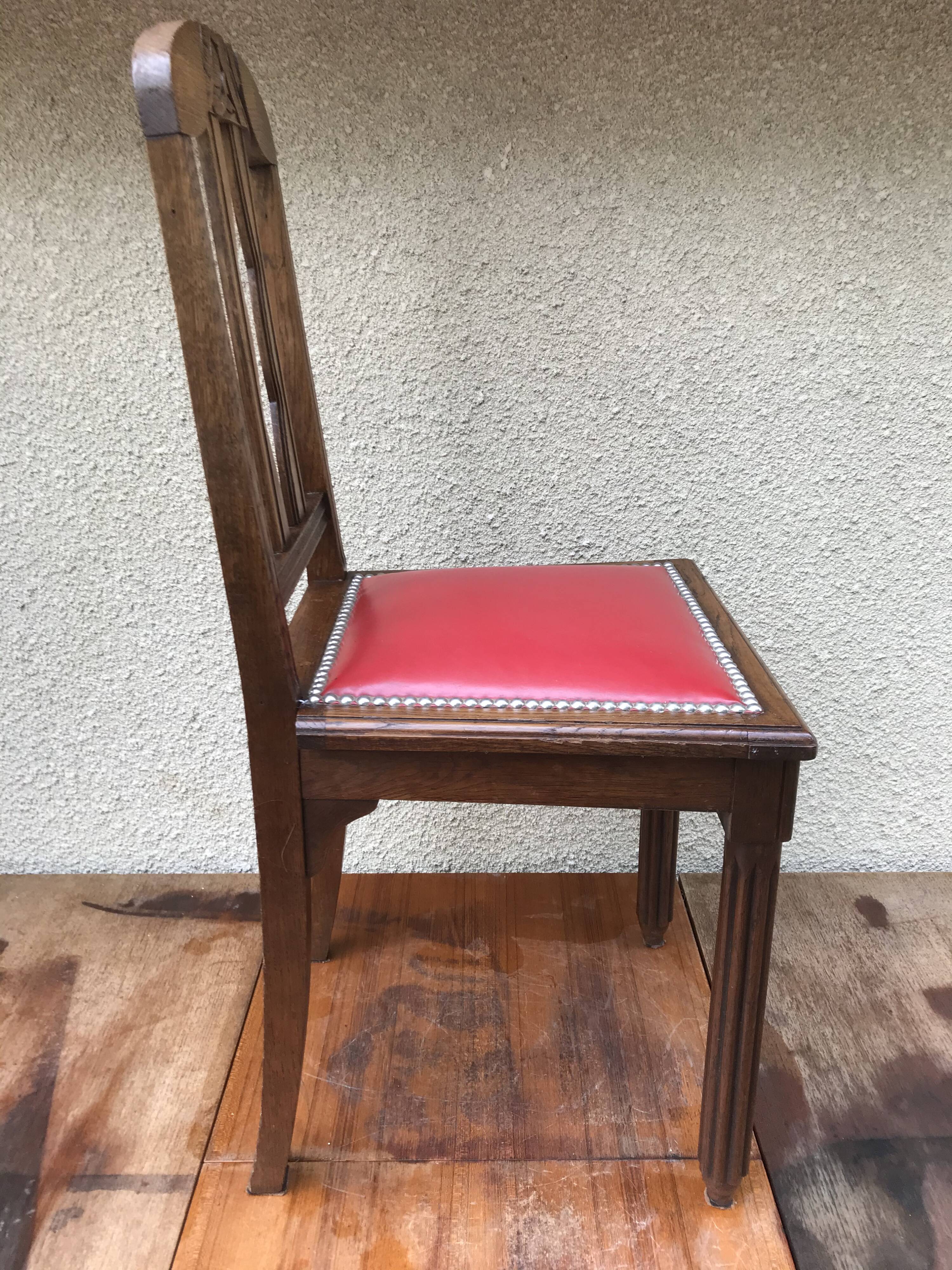 Pair of old chairs art deco in sculpted wood & vintage red leather seat