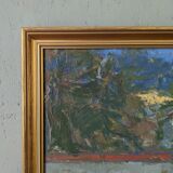 Mid-century modern swedish "forest houses", vintage abstract street scene framed oil painting