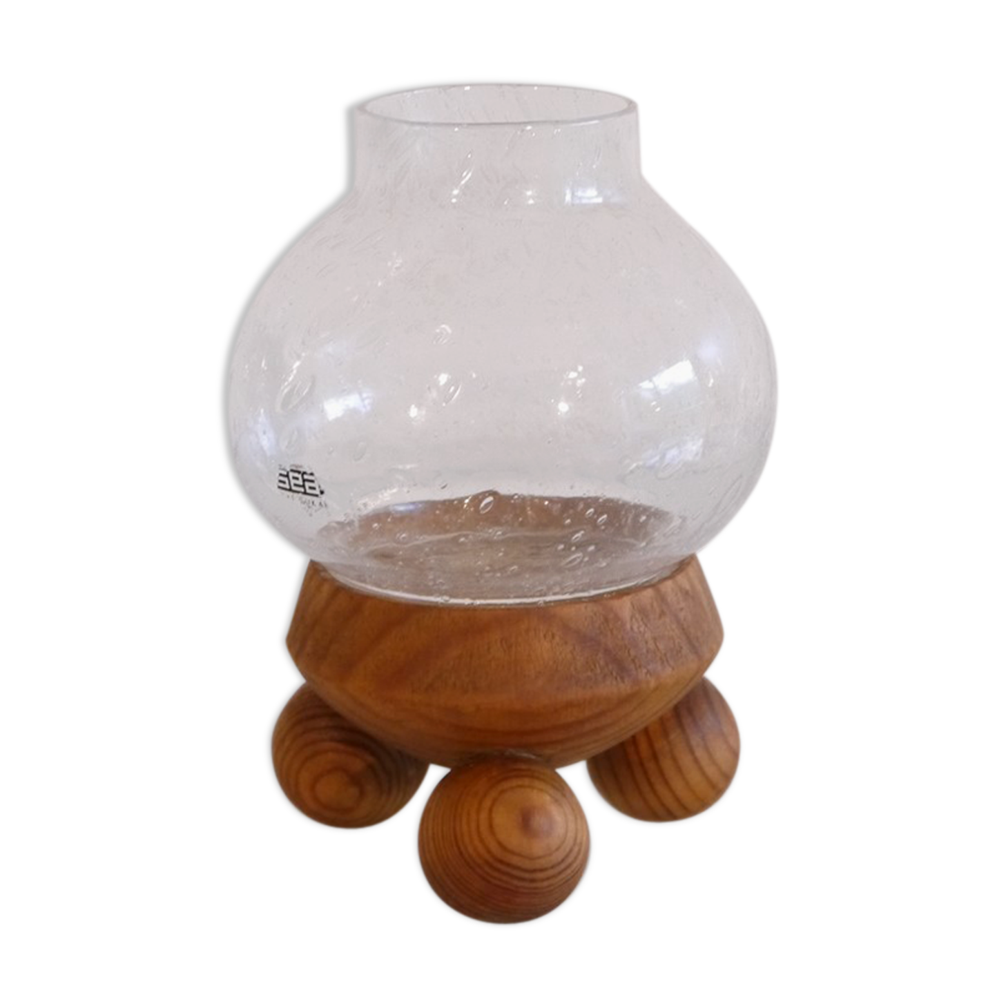 Scandinavian glass and wood candlestick 1960