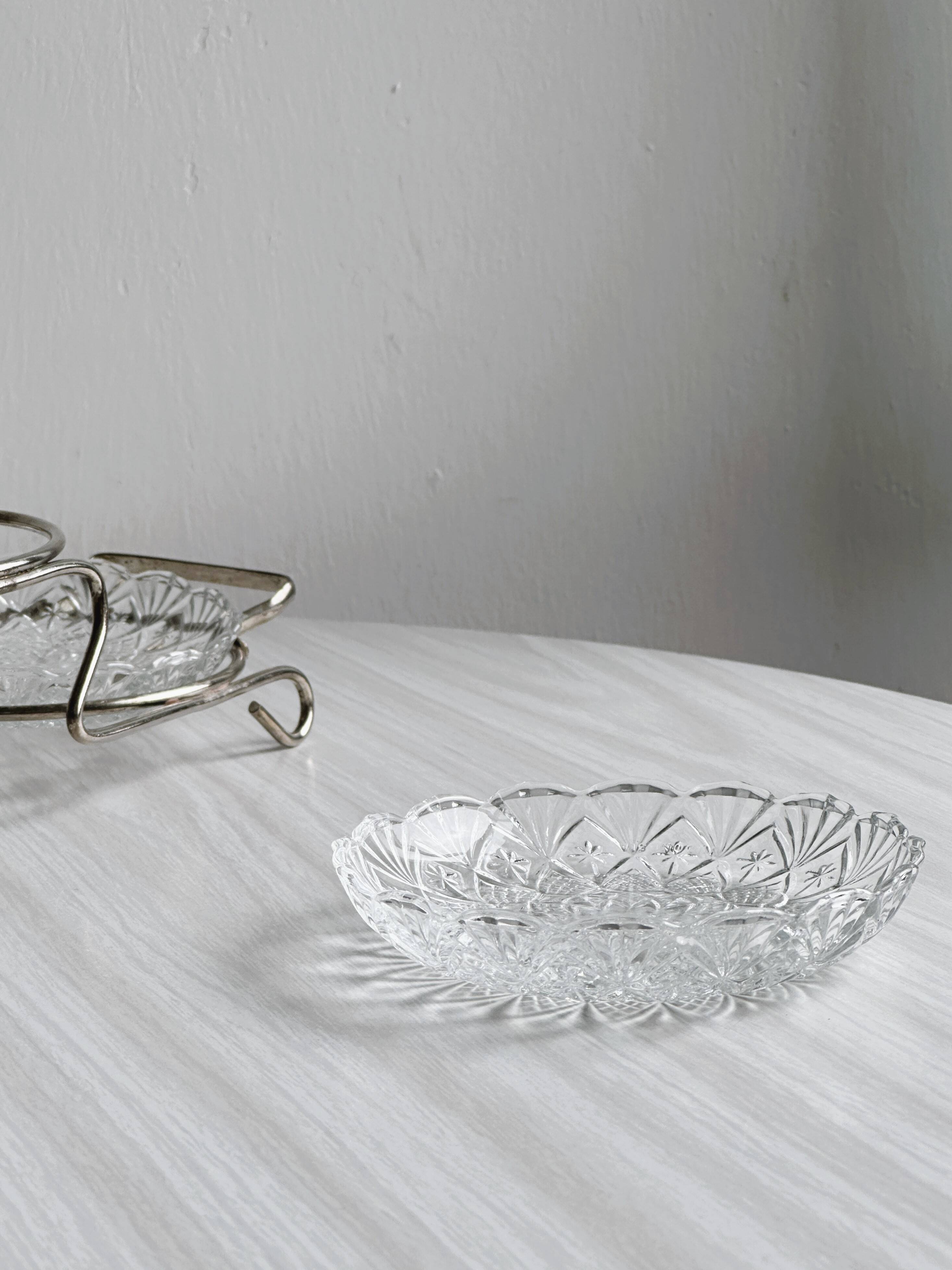 Metal and crystal server, crystal ramekins.