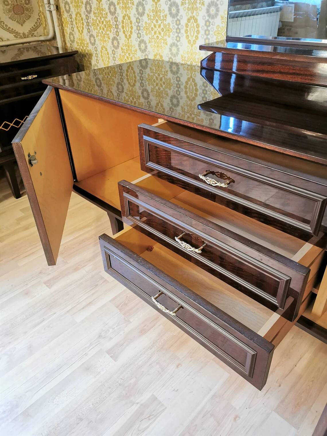 Mid-Century Wooden Dresser Sideboard with Detachable Mirror: 1970s Vintage