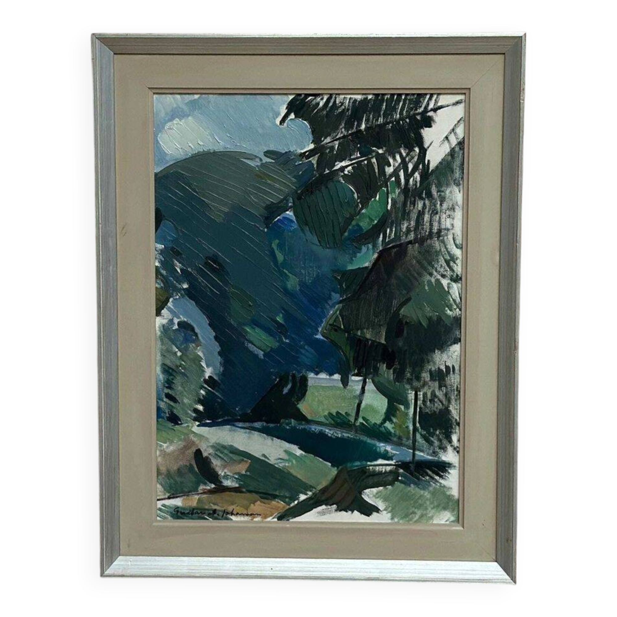 Original Mid Century Swedish Oil On Canvas – “Abstract Forest” By Gustav‑Adolf Johansson – Vintage & Framed – 62 × 48 Cm (24.4" × 18.9")