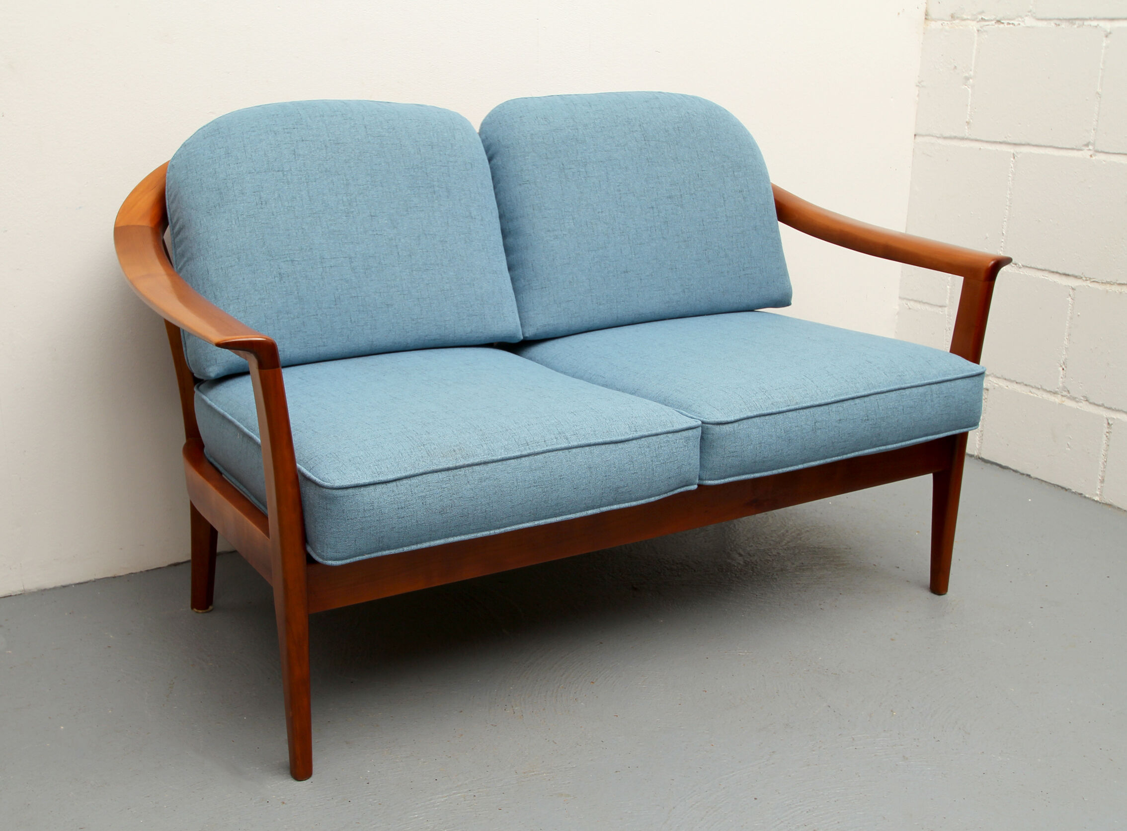 1960s 2-seater sofa in cherrywood middle blue, Wilhelm Knoll